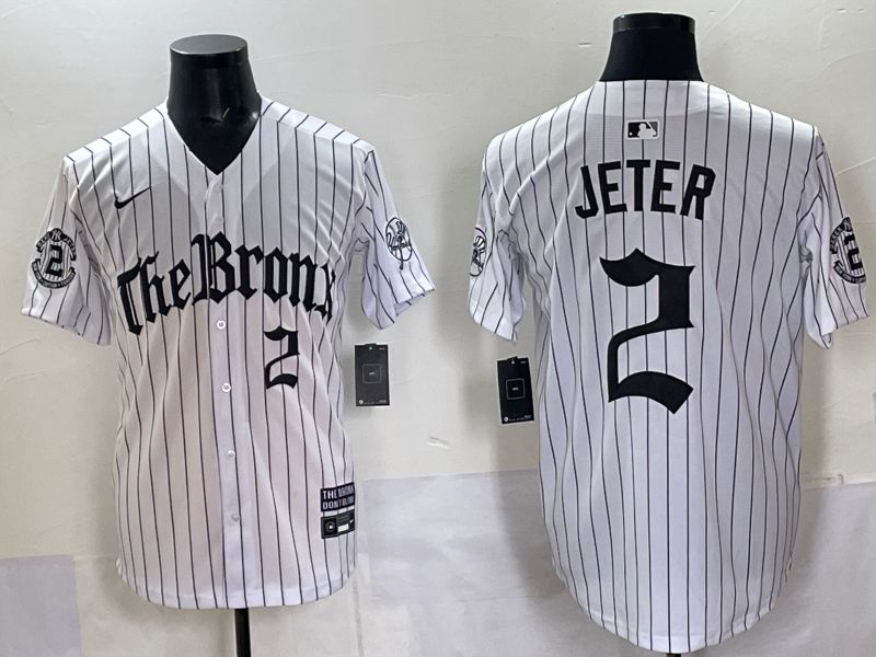 Men 2025 New York Yankees 2 Jeter White Stripe Five generations Joint Name Nike MLB Jersey style 04